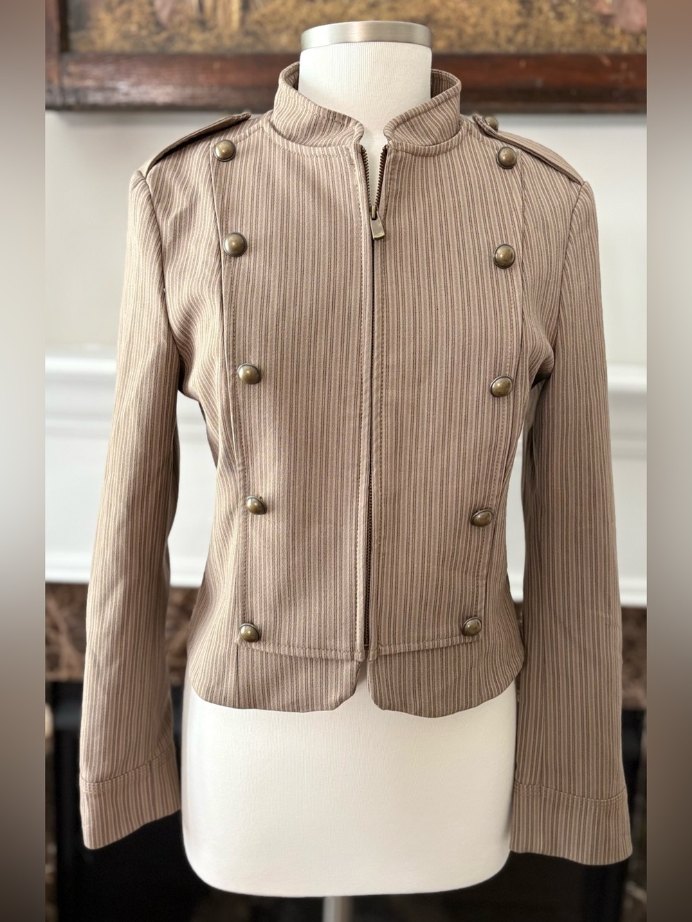 NWT Zara Striped Fitted Napoleon Military Blazer Jacket Brown Beige Sz L